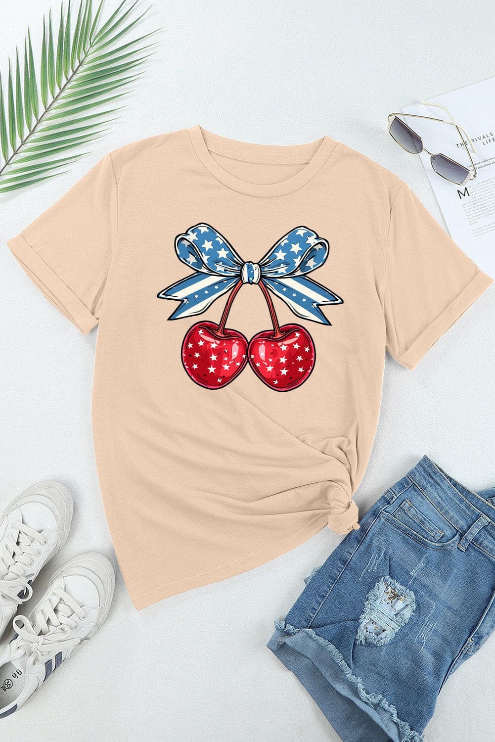 Cherry Graphic Round Neck Short Sleeve T-Shirt.