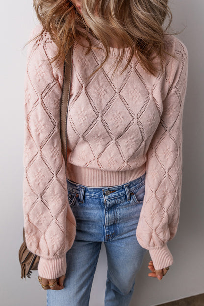 Gossamer Pink Plaid Puff Sleeve Cropped Sweater with Openwork Detail