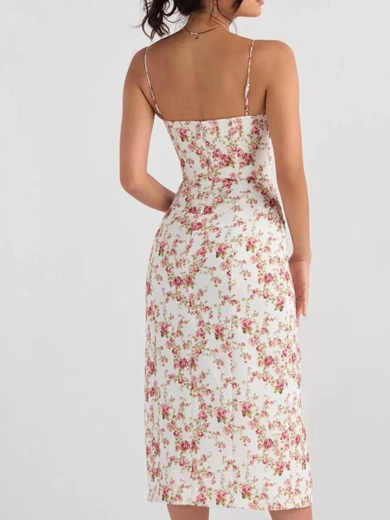 Floral Print Lace Trim Slit Midi Dress Simply Love