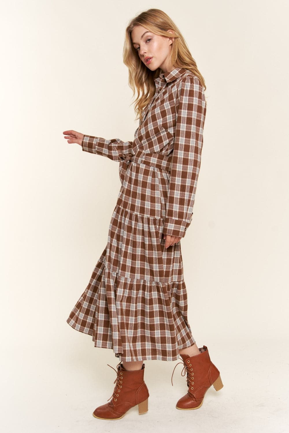 Chic plaid tiered midi shirt dress for effortless style