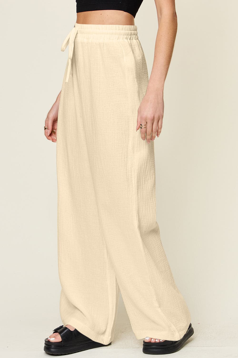 Double Take Full Size Texture Drawstring Wide Leg Pants.