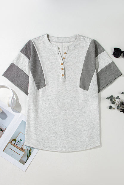 Light Grey Two Tone Contrast Waffle Knit Patched Top