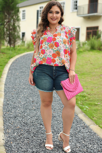 Vibrant floral plus-size ruffle sleeve blouse with notched neckline