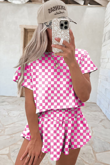 Pink Checkerboard T Shirt and High Waist Skorts Outfit