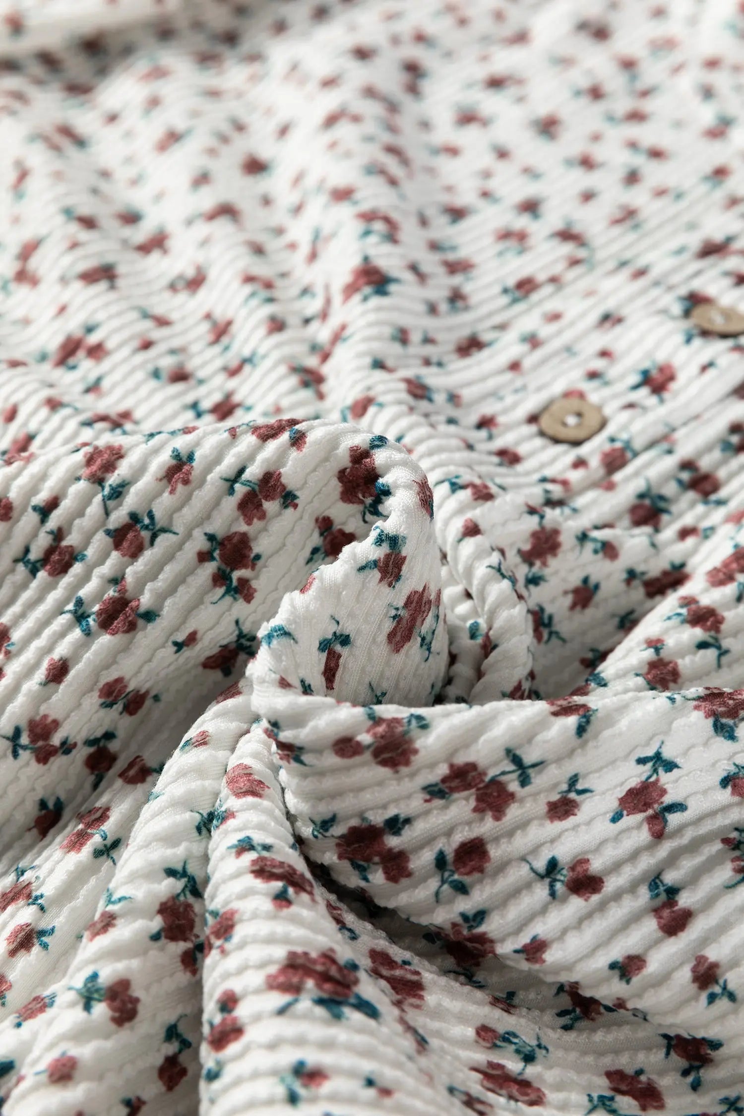 White Spiral Ribbed Floral Print Long Sleeve Henley Top Drawstring Short Set Dear-Lover Dropshipping