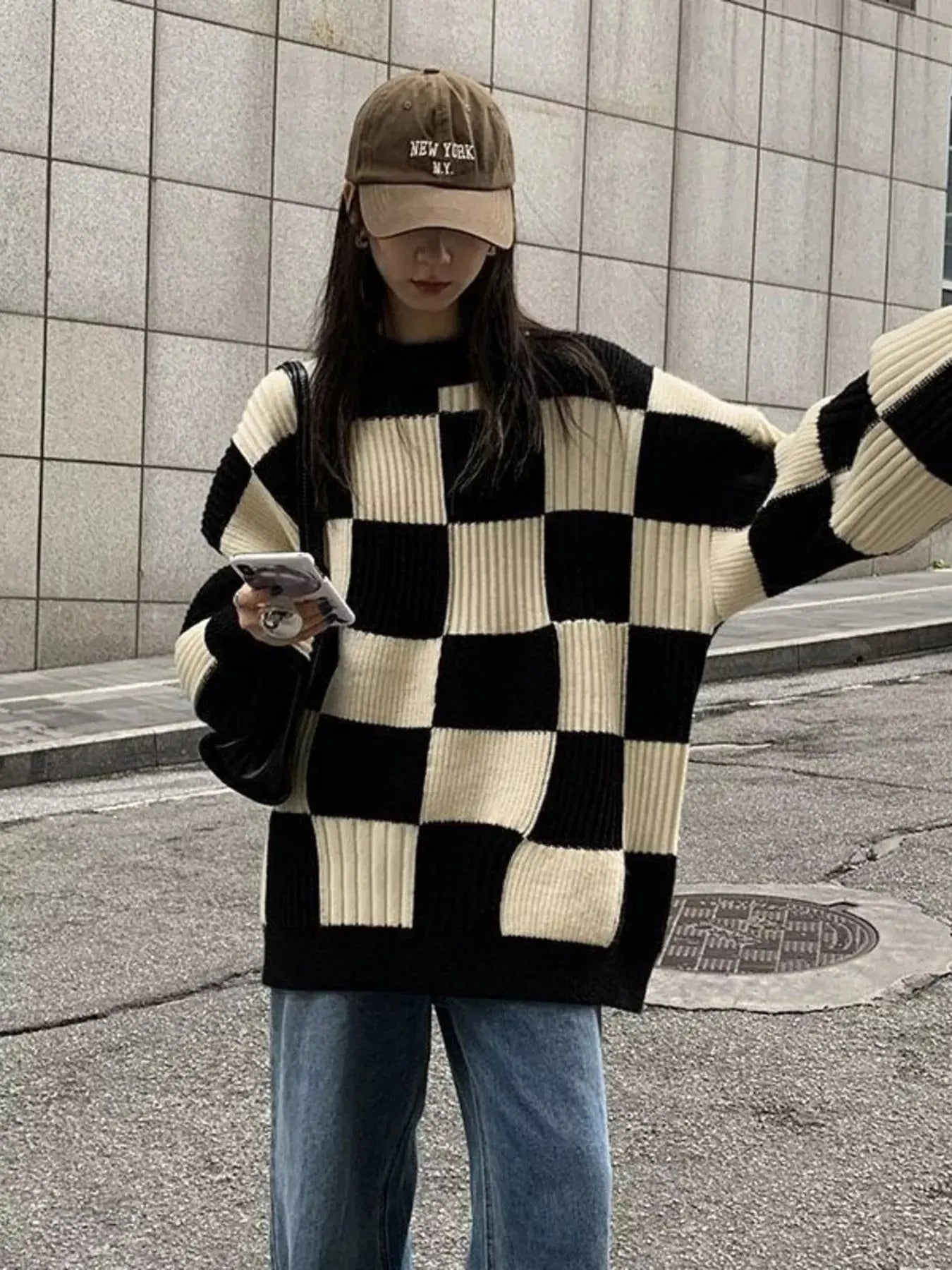 Checkerboard Pattern Oversized Sweater Simply Love