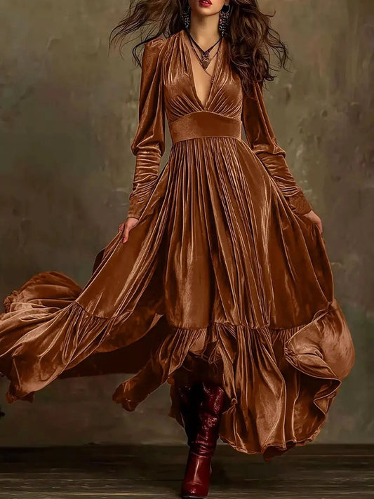 Elegant Velvet V-Neck Long Sleeve Maxi Dress Simply Love