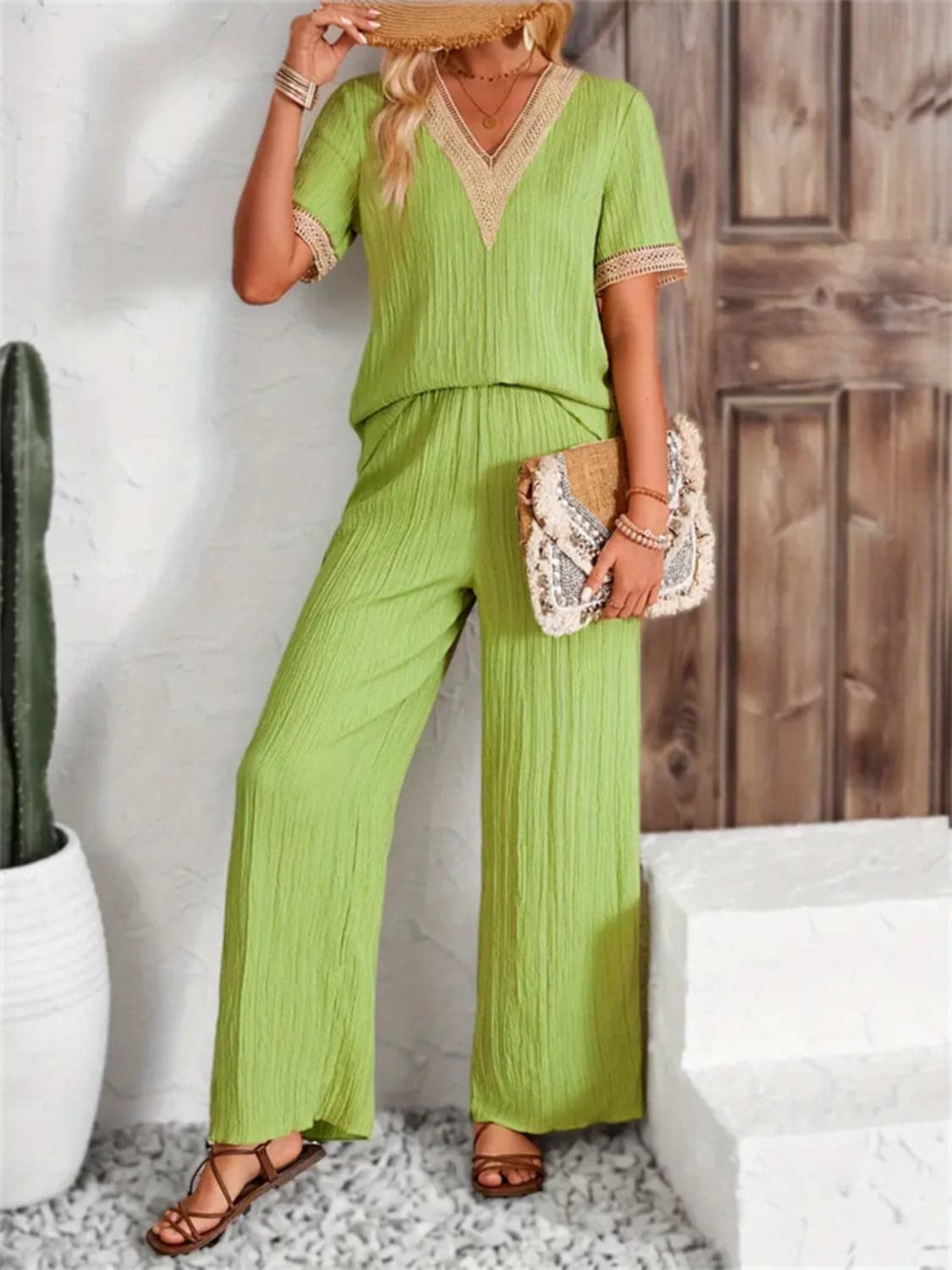 V-Neck Short Sleeve Top and Pants Set.