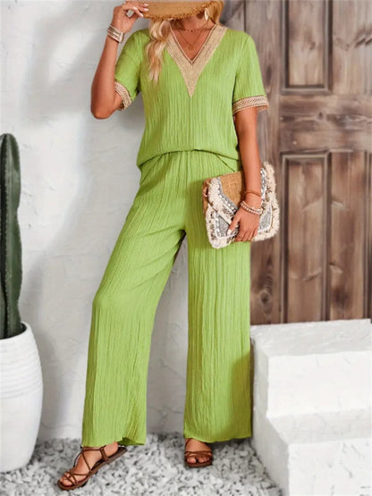 V-Neck Short Sleeve Top and Pants Set.