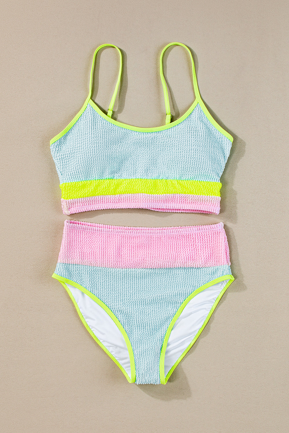 Beau blue color block high-waisted bikini set for a stunning beach look