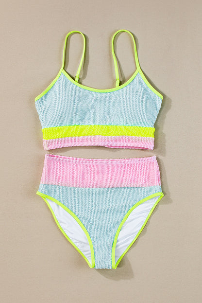 Beau blue color block high-waisted bikini set for a stunning beach look