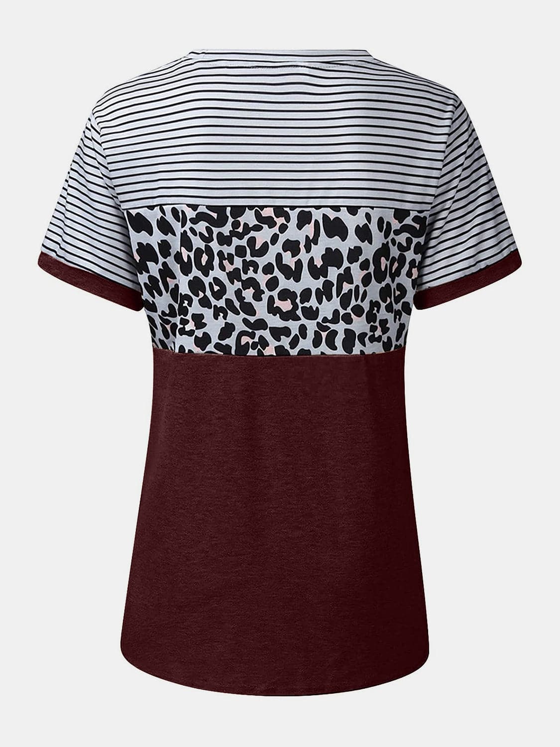 Full Size Striped Leopard Round Neck Short Sleeve T-Shirt.