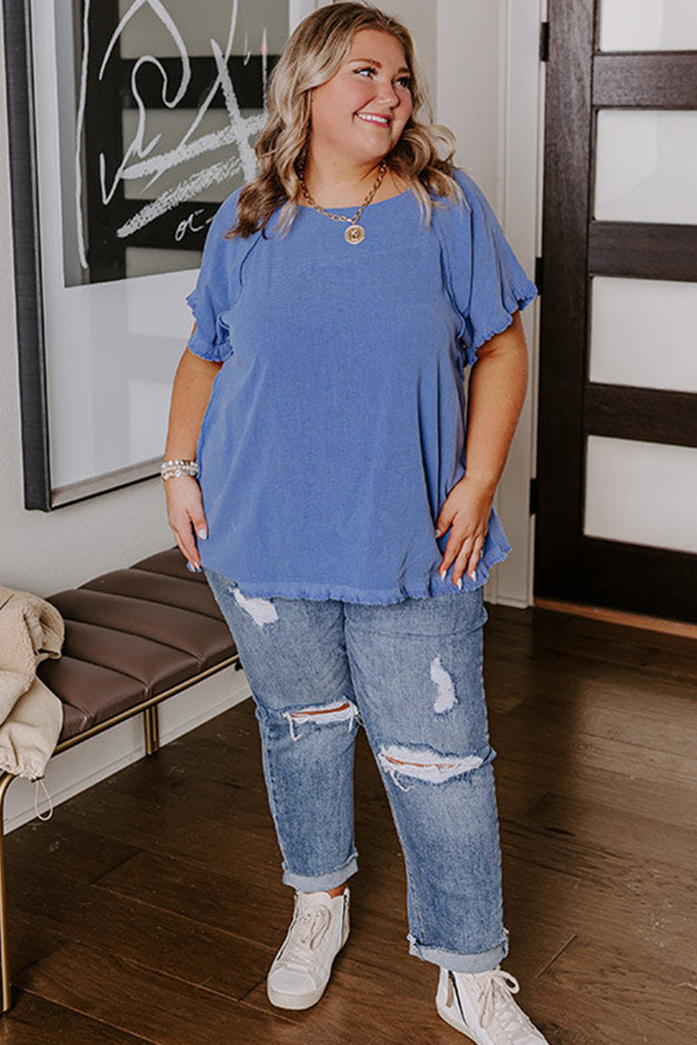 Chic Ashleigh blue plus size frayed edge short sleeve top