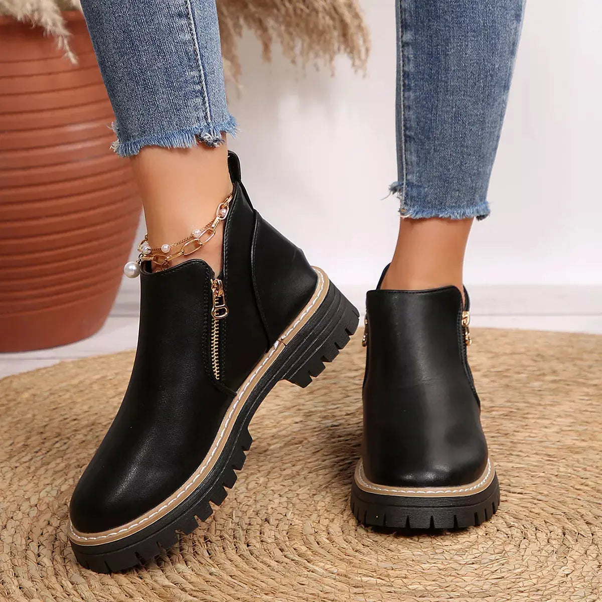 PU Leather Ankle Boots With Zipper Detail And Chunky Sole Simply Love