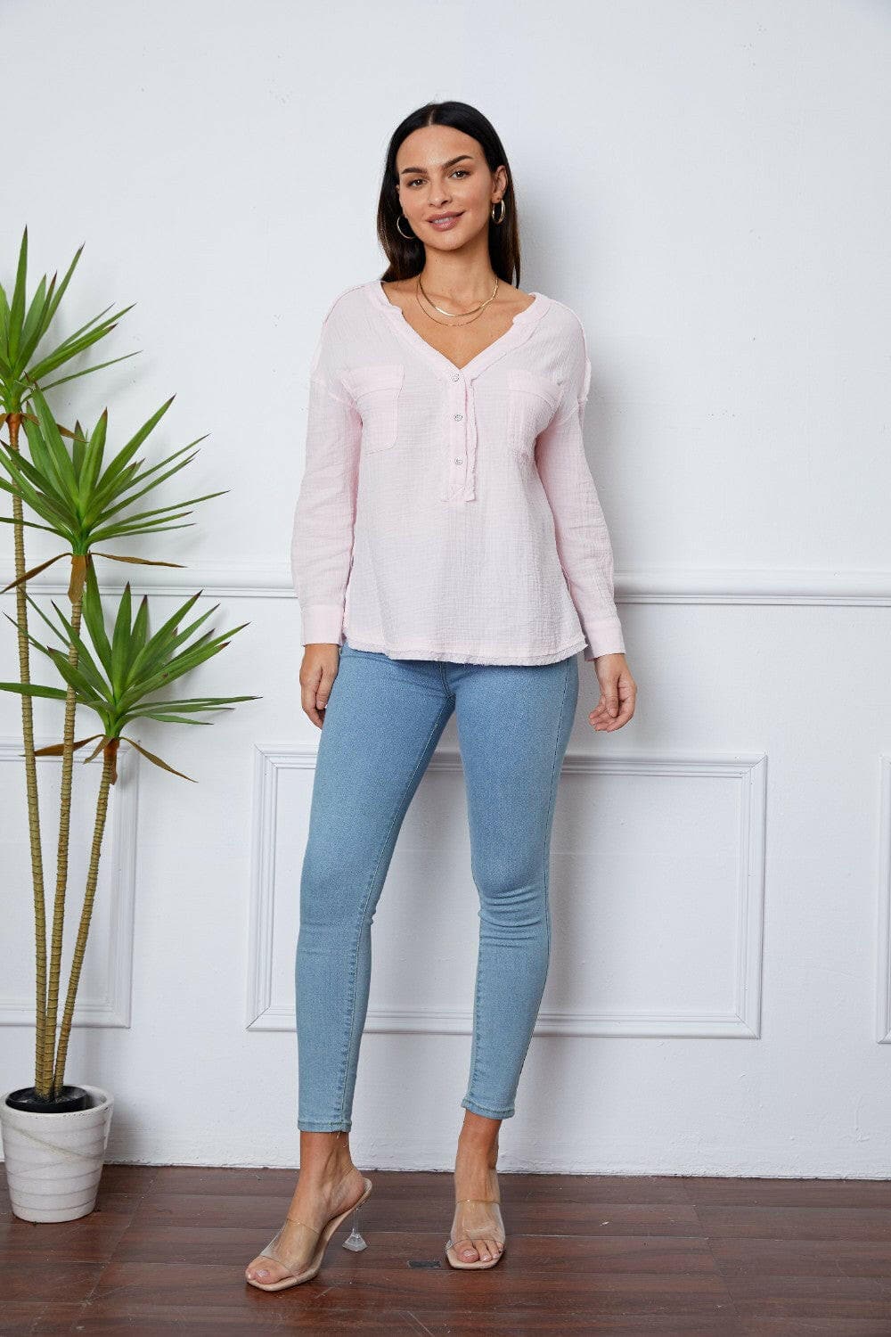 Texture Half Button Raw Hem Top.