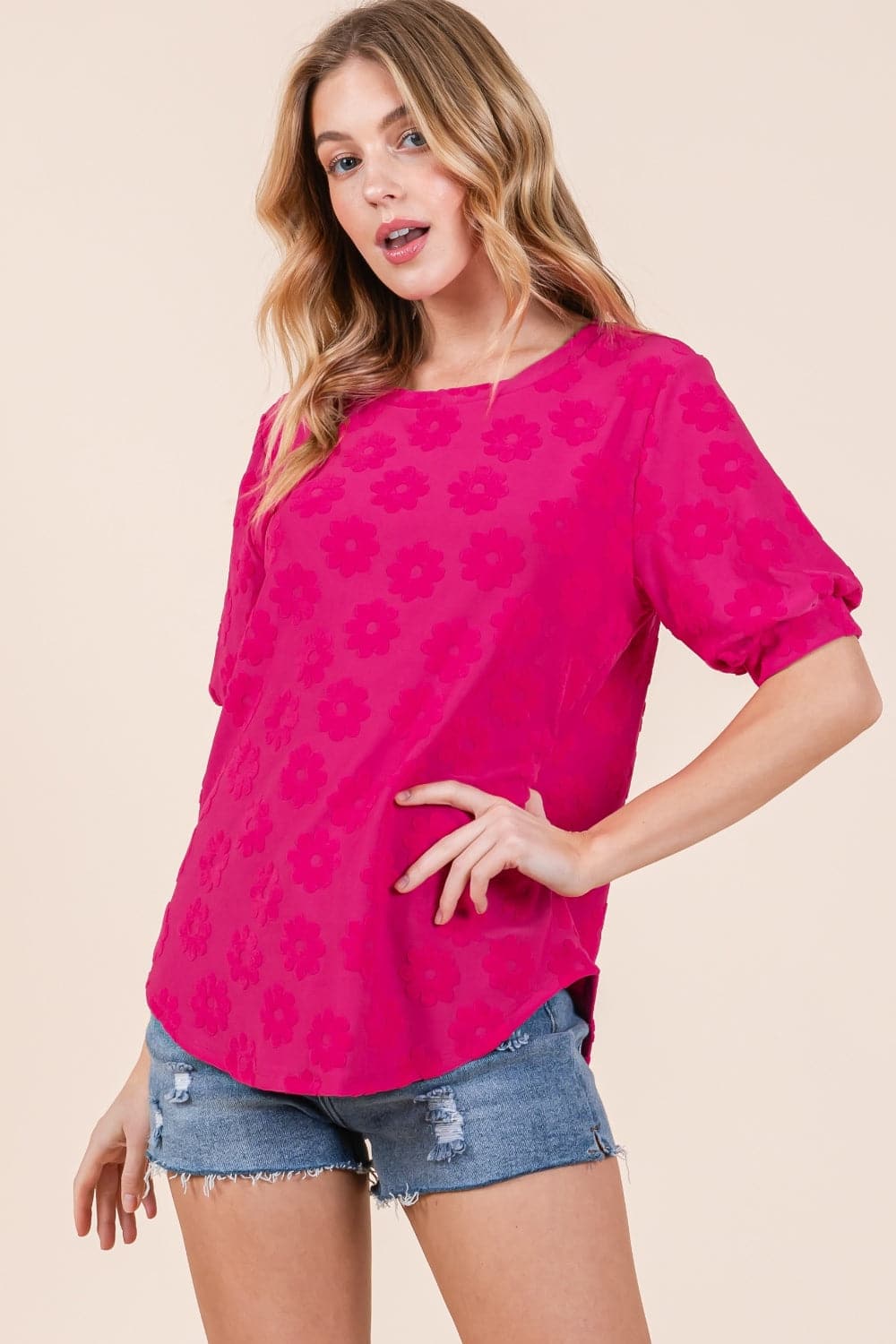 BOMBOM Textured Floral Pattern Top.