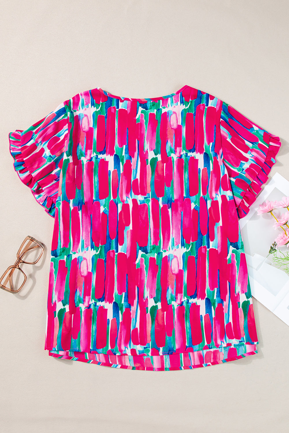 Floral plus size ruffled sleeve blouse with abstract design