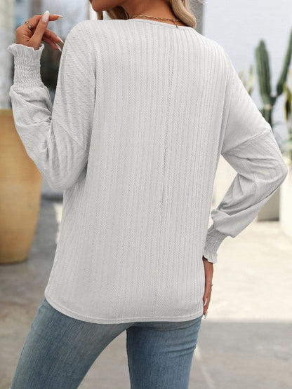 Textured Notched Lantern Sleeve T-Shirt.