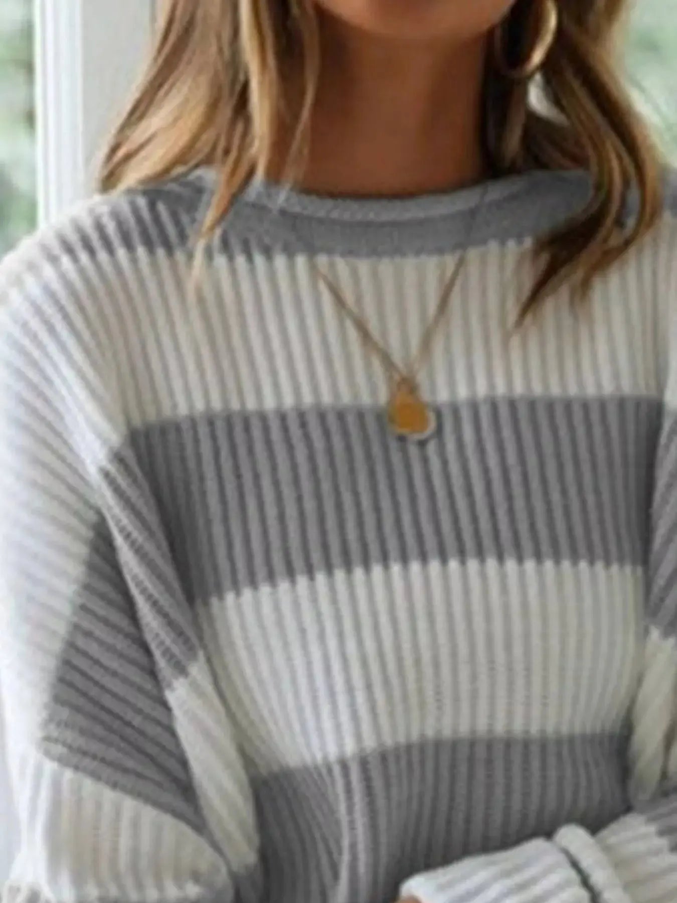 Full Size Contrast Striped Round Neck Sweater Plus Size Simply Love