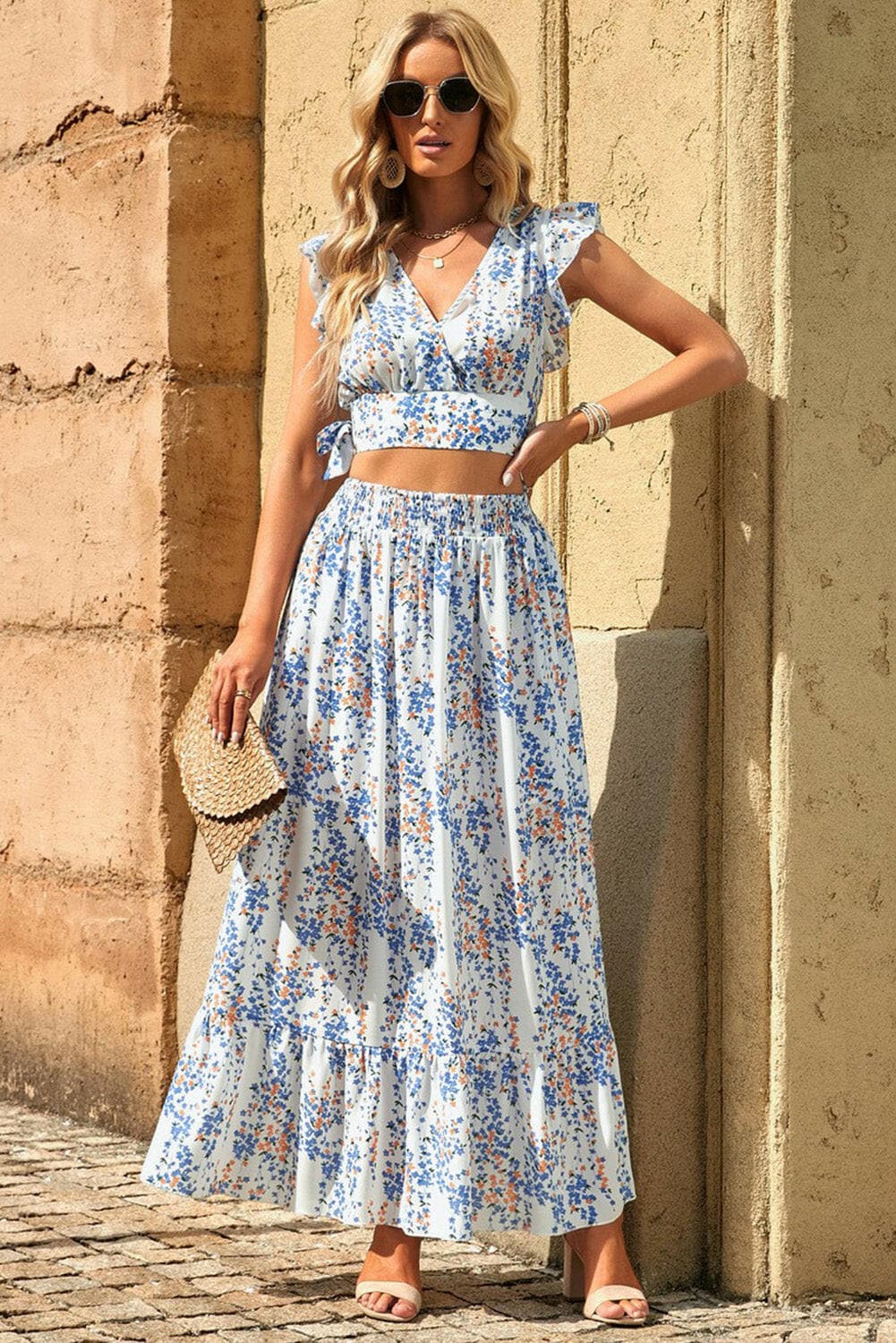 Printed Tie Back Cropped Top and Maxi Skirt Set.