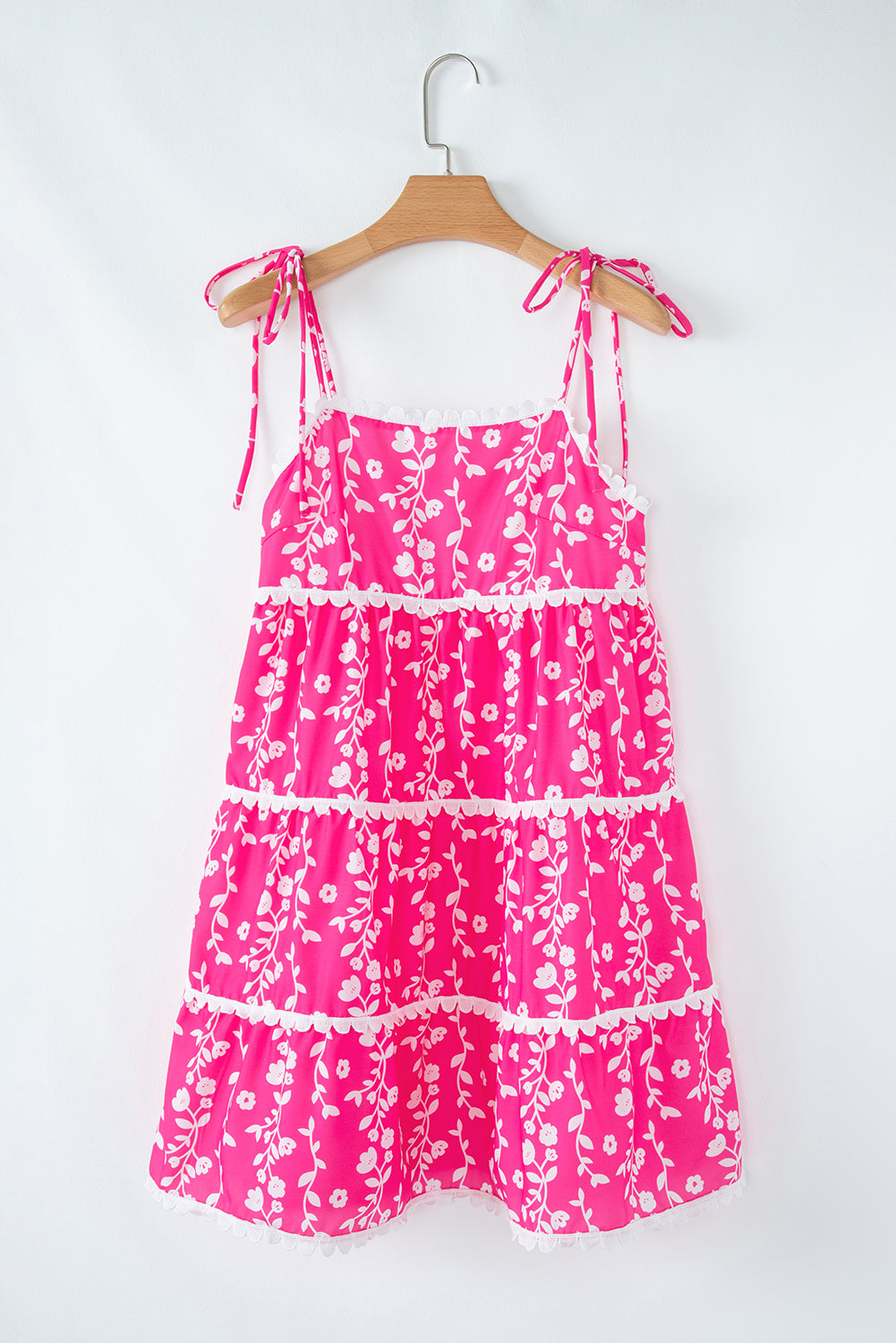 Mina Ric Rac Patched Sleeveless Mini Dress with Floral Print and Tie Shoulder Design - Love Salve 