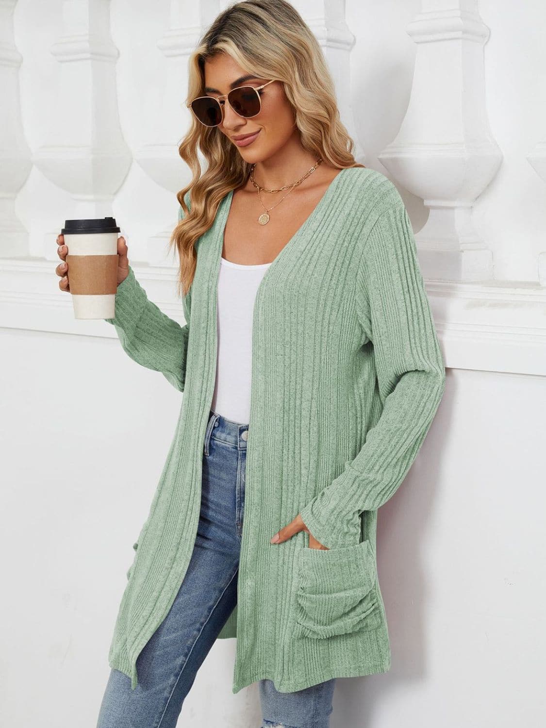 Pocketed Open Front Long Sleeve Cardigan.