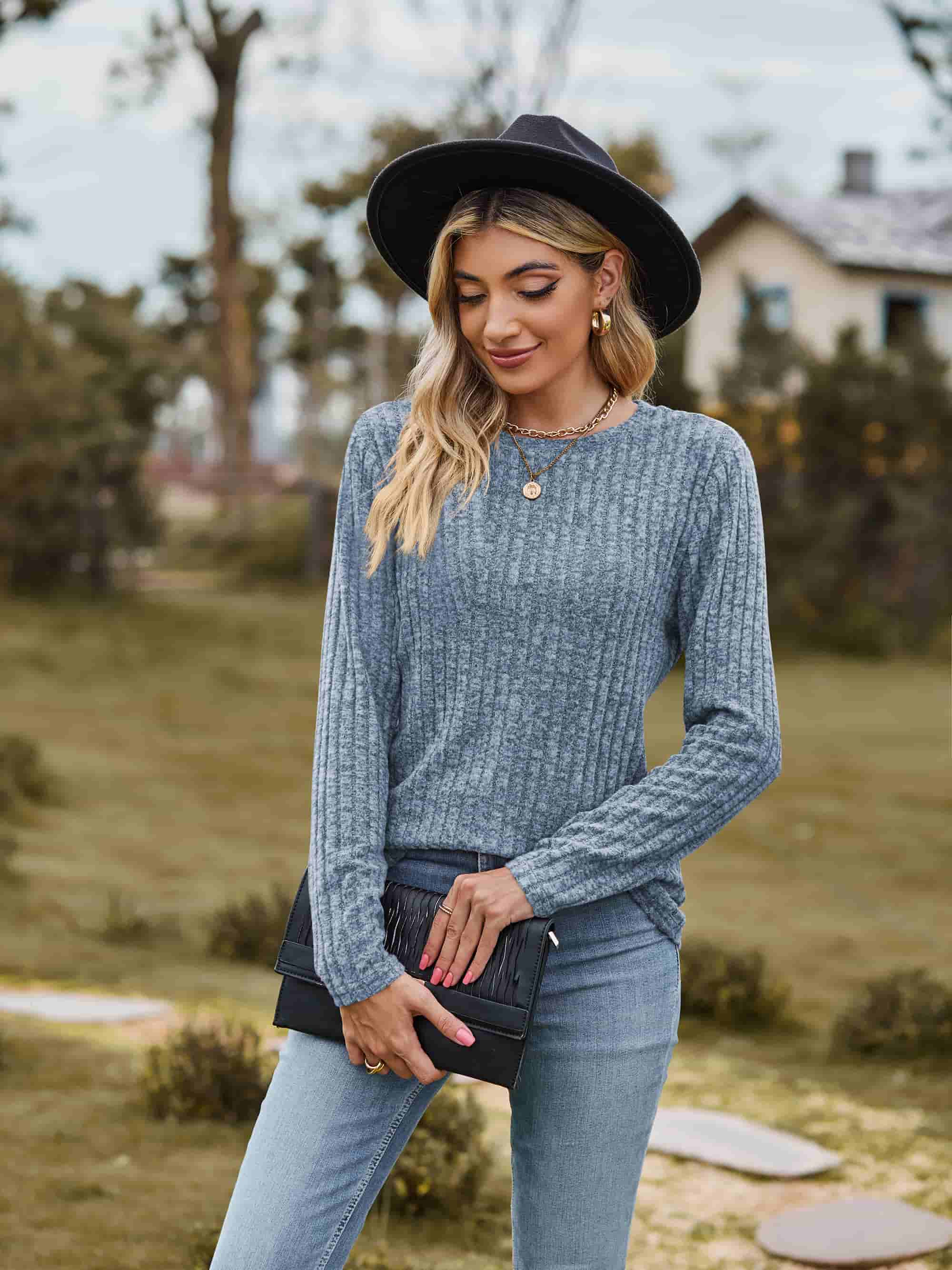 Ribbed Round Neck Long Sleeve Tee Coco’s Tee Boutique