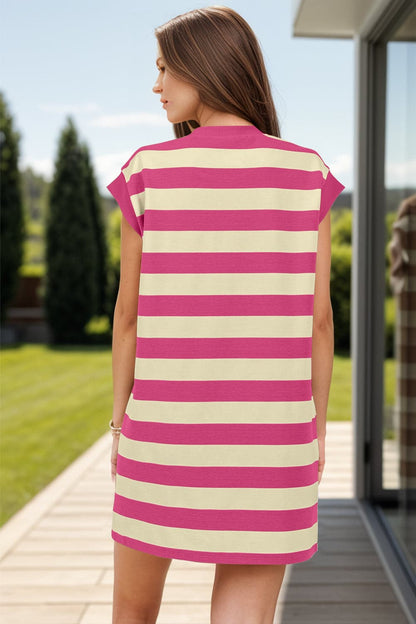 Striped Round Neck Cap Sleeve Mini Dress.