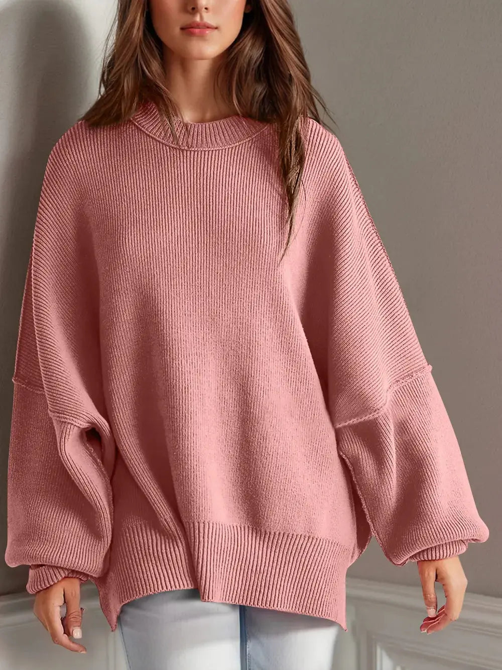 Double Take Side Slit Round Neck Long Sleeve Sweater - Love Salve