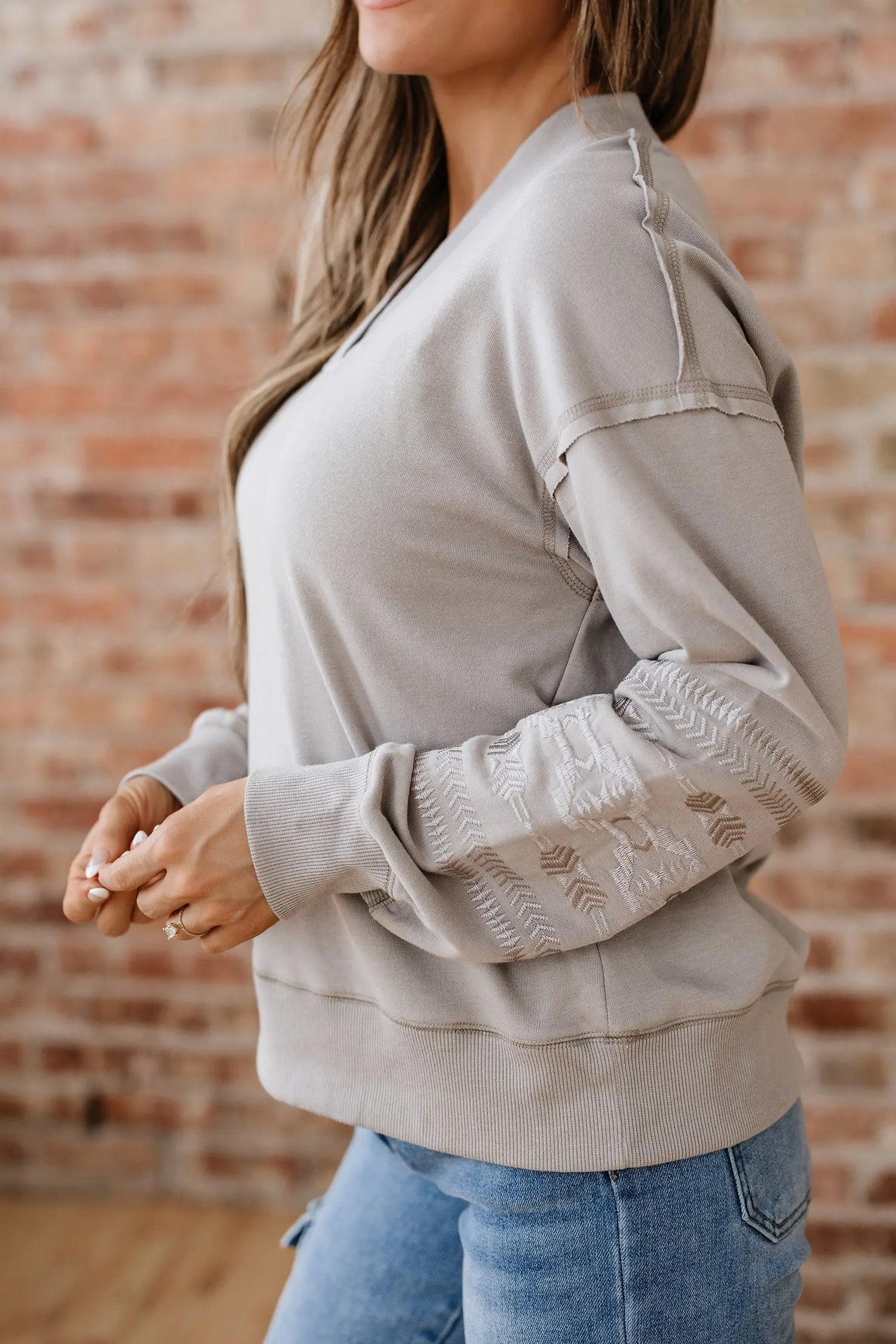 Dear-Lover Aztec Embroidered Khaki Women's V-Neck Sweatshirt Western Style Fall Fashion Dear-Lover Dropshipping