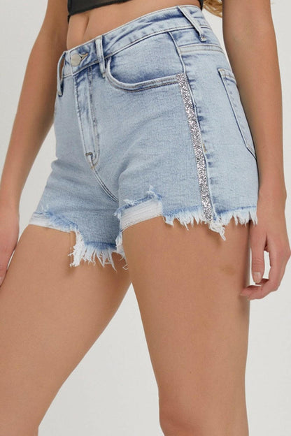 RISEN Full Size High Rise Rhinestone Strap Embellished Denim Shorts.