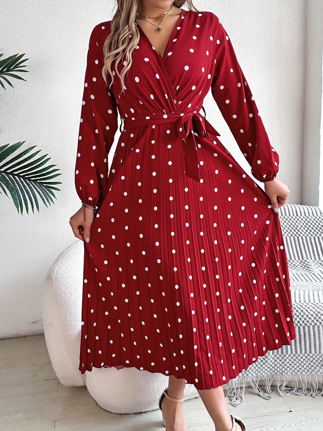 Tied Polka Dot Long Sleeve Midi Dress.