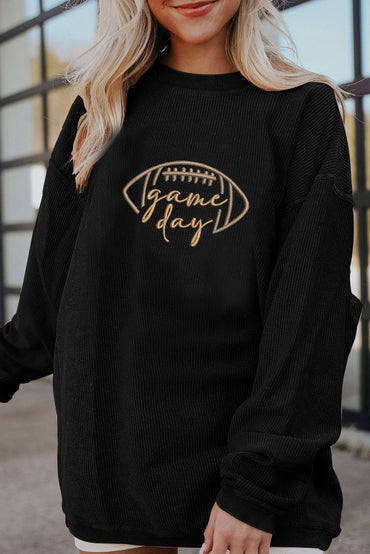 Premium Black Rugby Game Day Embroidered Corduroy Sweatshirt