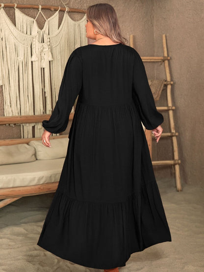 Plus Size Ruffled V-Neck Long Sleeve Dress.