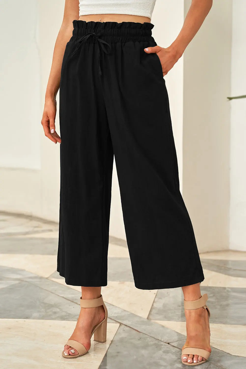 Black Paperbag Waist Cropped Straight Leg Pants For Women Dear-Lover Dropshipping