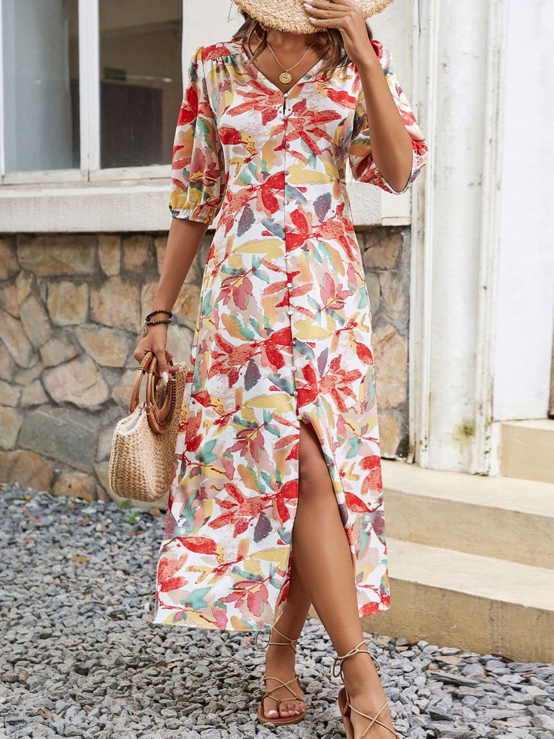 Printed V-Neck Half Sleeve Midi Dress.