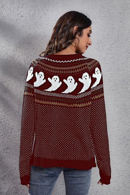 Chic ghost print long sleeve sweater with round neck