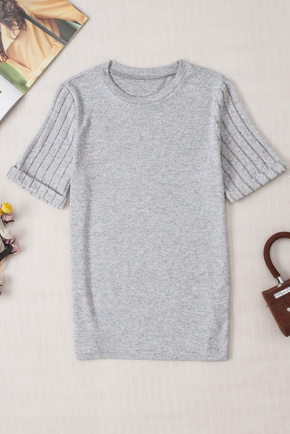 Alma Ribbed Splicing Sleeve Round Neck Top for Women - Love Salve 