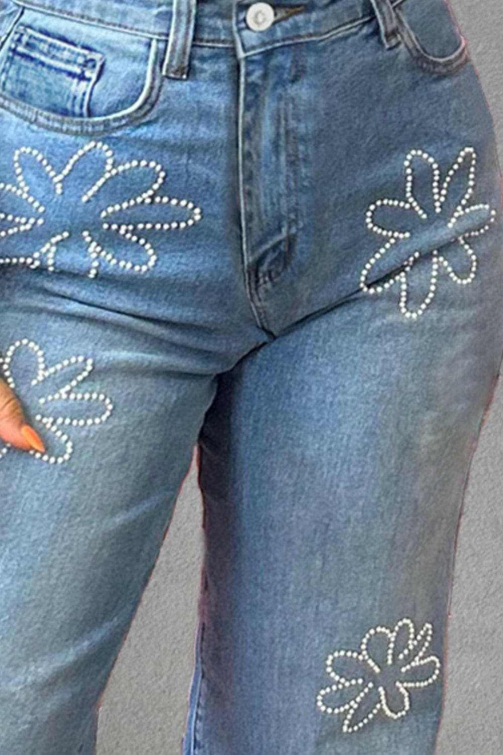 Rhinestone Straight Jeans with Pockets.