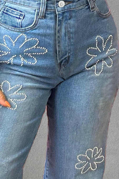 Rhinestone Straight Jeans with Pockets.