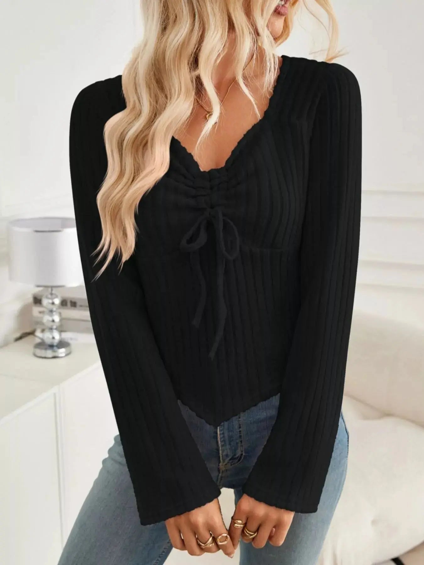 Ribbed Knit Tie Front Long Sleeve Top With Drawstring Detail Simply Love