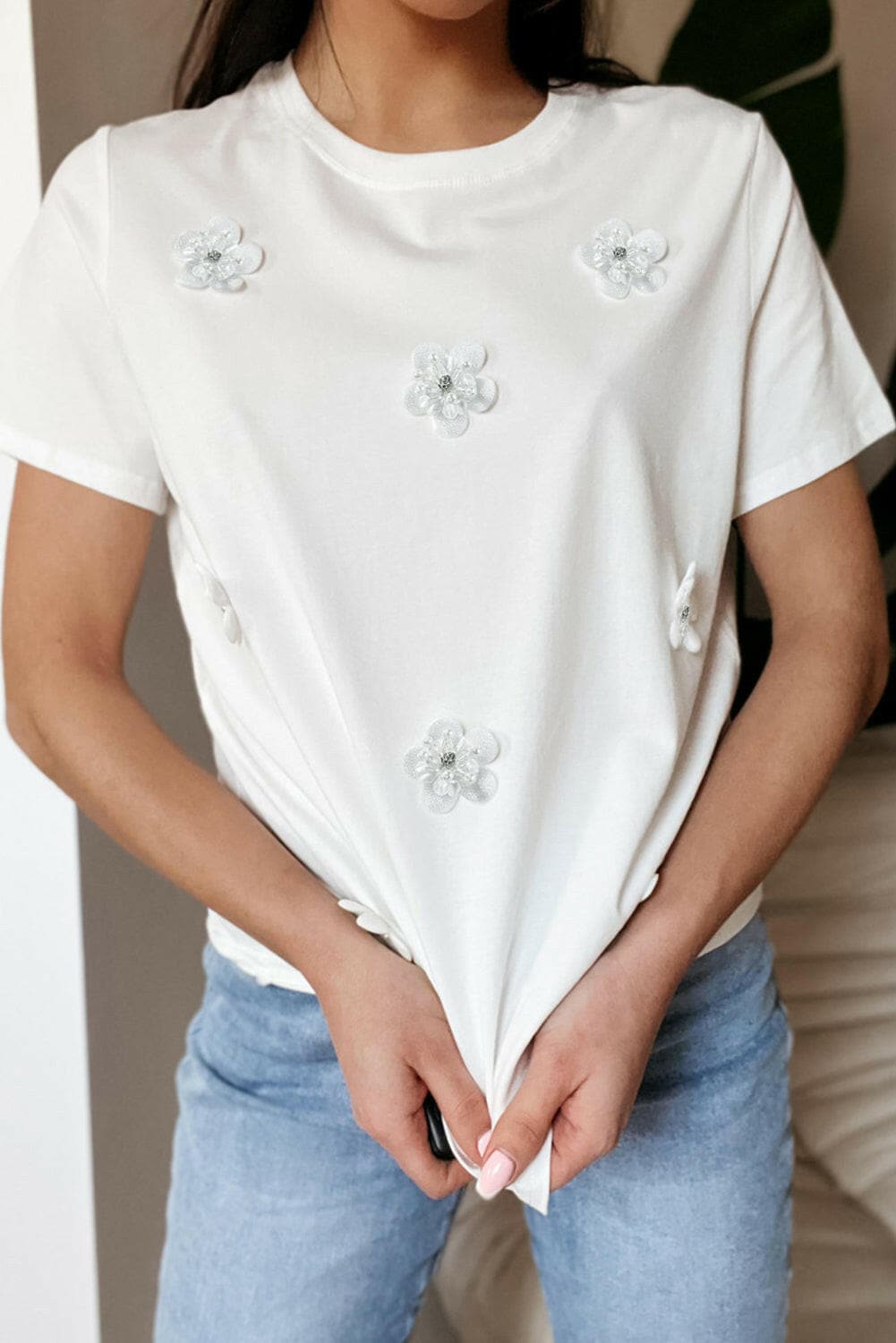 Flower Round Neck Short Sleeve T-Shirt.