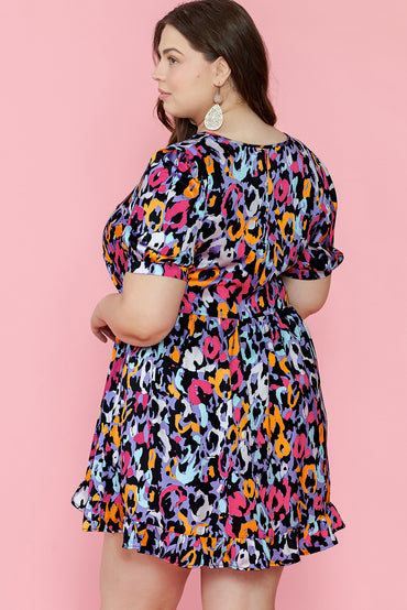 Vibrant purple leopard print plus-size ruffled mini dress