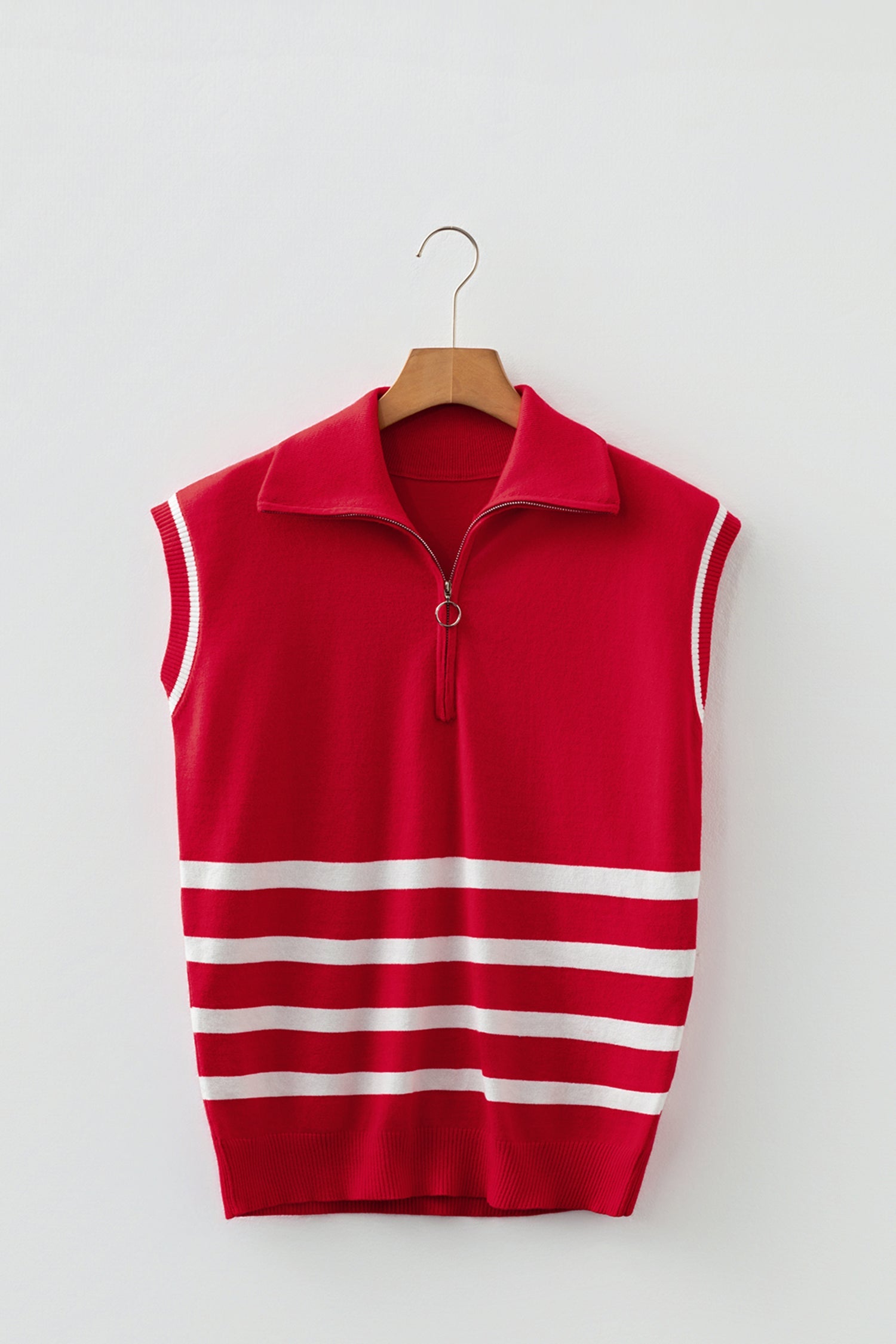 Fiery Red Quarter Zip Striped Detail Short Sleeve Sweater Dear-Lover Dropshipping
