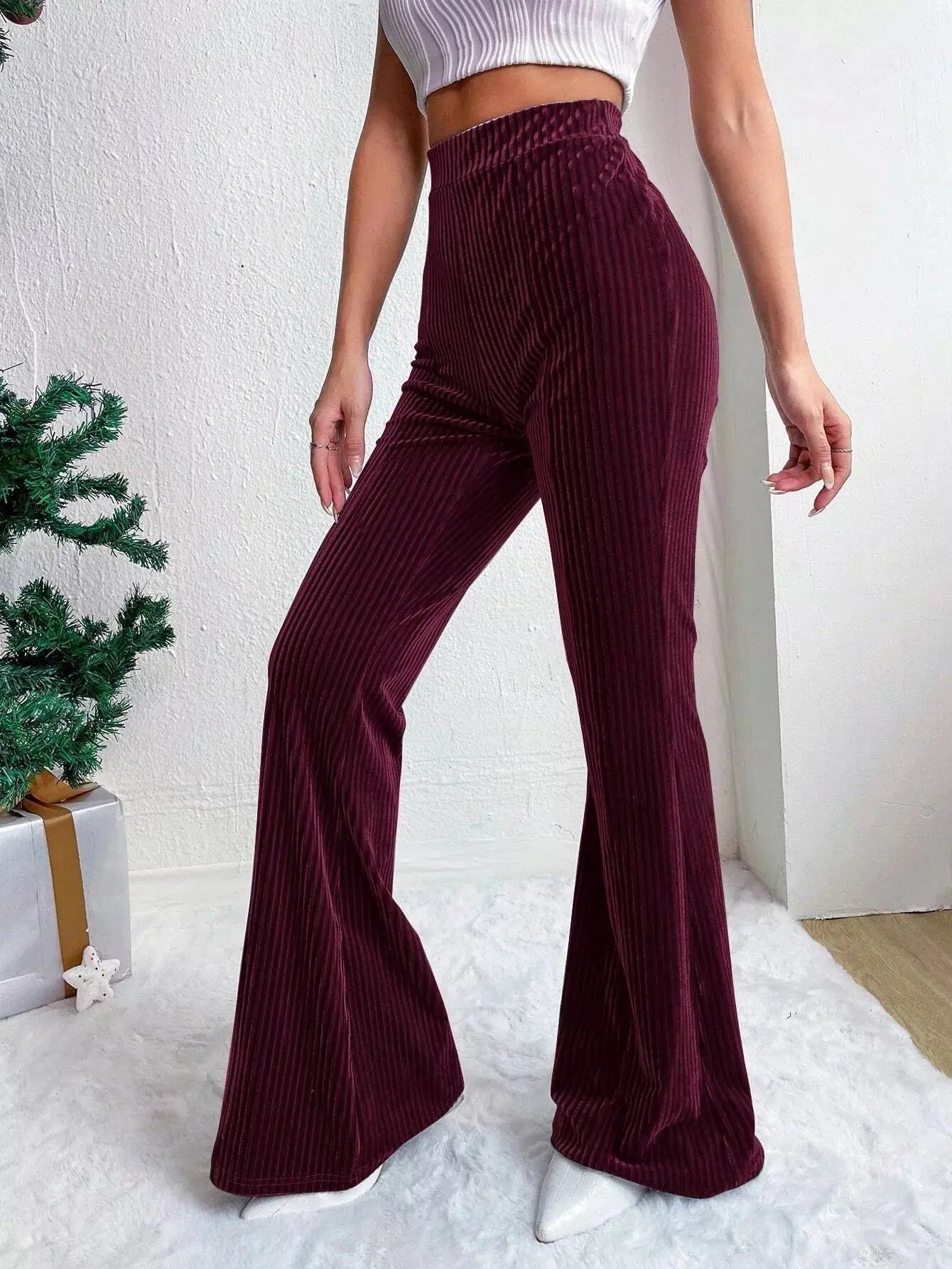 Womens Stretch Corduroy High Waist Wide Leg Flare Pants Simply Love