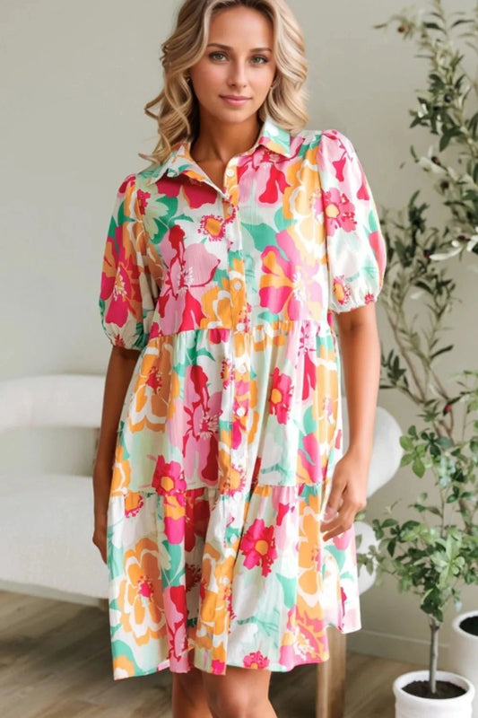 Button Down Floral Puff Sleeve Babydoll Dress Simply Love