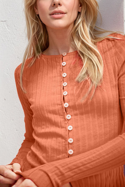 Essential Textured Button-Up Long Sleeve Top with Round Neck