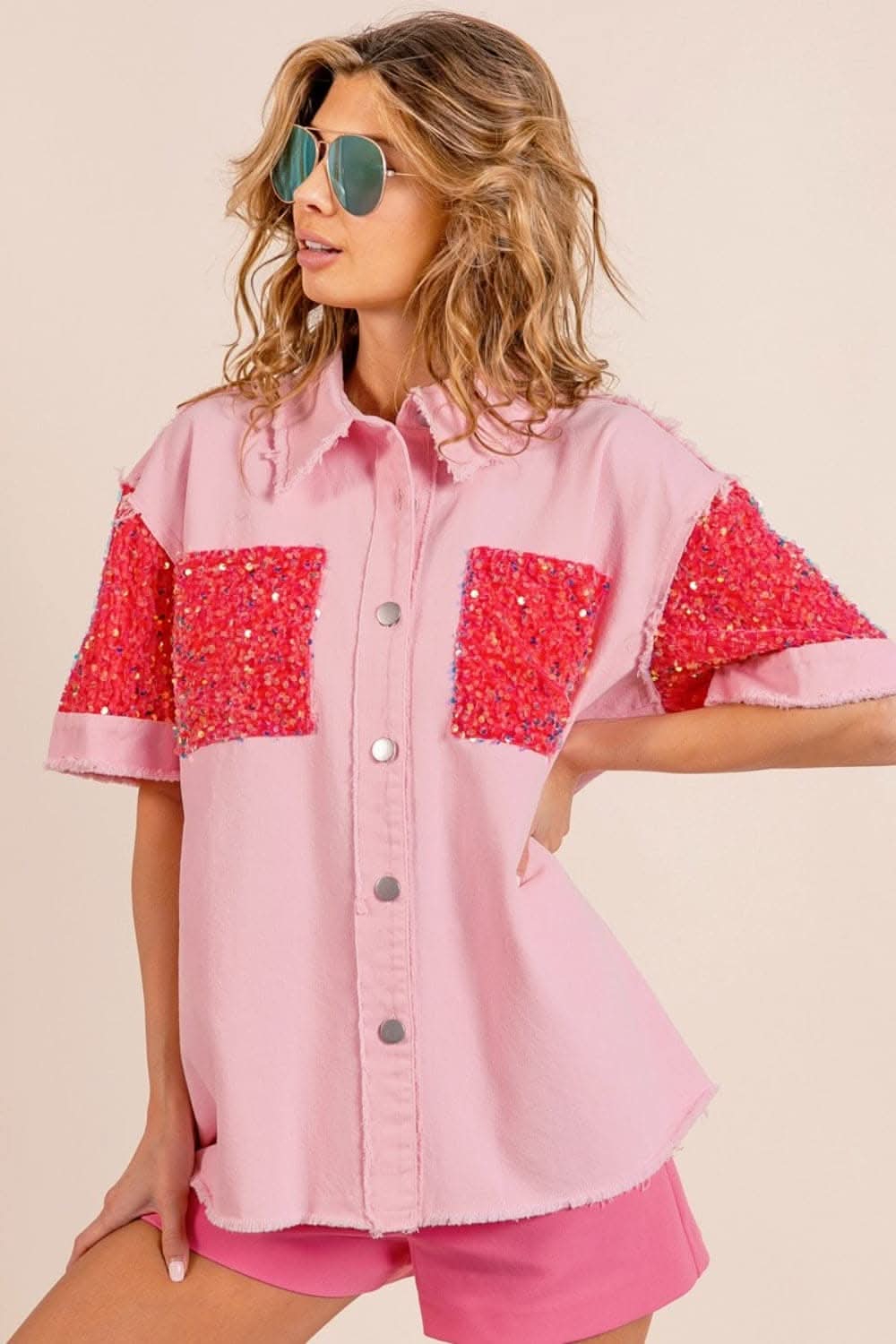 BiBi Sequin Detail Raw Hem Short Sleeve Shirt - Love Salve 