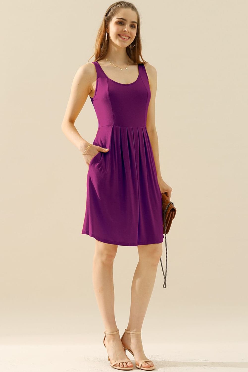 Doublju Full Size Round Neck Ruched Sleeveless Dress with Pockets.