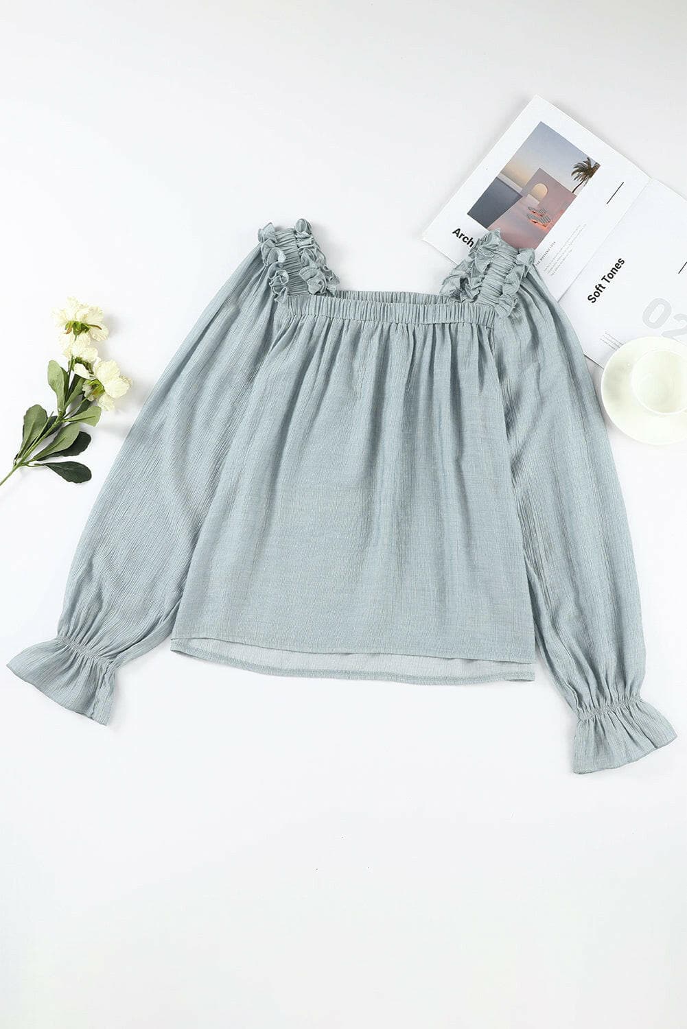 Frill Trim Flounce Sleeve Blouse.